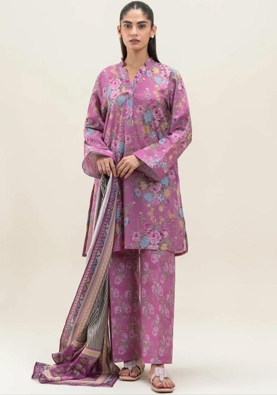 BeechTree 3 PIECE PRINTED LAWN SUIT-SALMON ROSE (UNSTITCHED)
