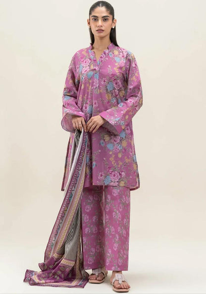 BeechTree 3 PIECE PRINTED LAWN SUIT-SALMON ROSE (UNSTITCHED)