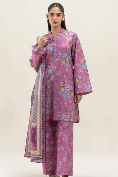 BeechTree 3 PIECE PRINTED LAWN SUIT-SALMON ROSE (UNSTITCHED)