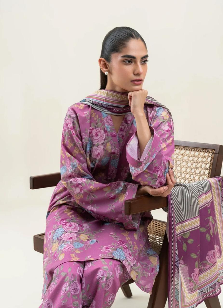 BeechTree 3 PIECE PRINTED LAWN SUIT-SALMON ROSE (UNSTITCHED)