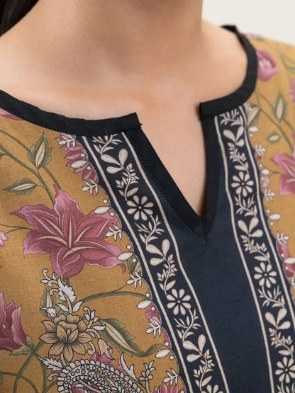 BeechTree 3 PIECE PRINTED LAWN SUIT-MUSTARD FLARE (UNSTITCHED)