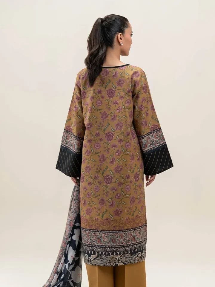 BeechTree 3 PIECE PRINTED LAWN SUIT-MUSTARD FLARE (UNSTITCHED)