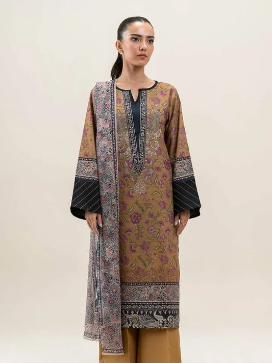 BeechTree 3 PIECE PRINTED LAWN SUIT-MUSTARD FLARE (UNSTITCHED)