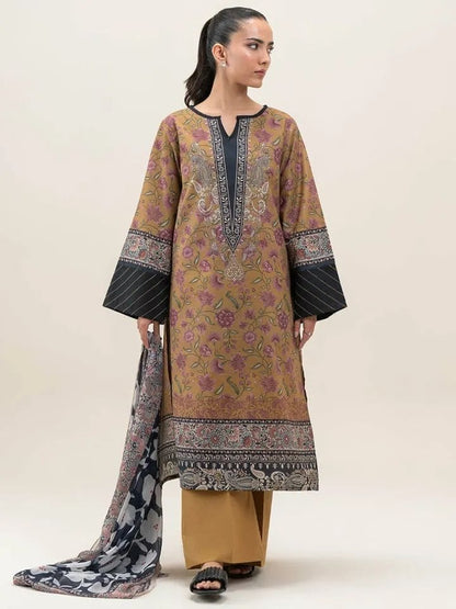 BeechTree 3 PIECE PRINTED LAWN SUIT-MUSTARD FLARE (UNSTITCHED)