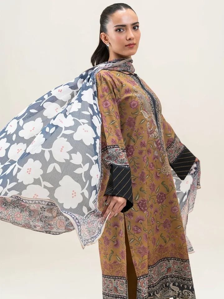 BeechTree 3 PIECE PRINTED LAWN SUIT-MUSTARD FLARE (UNSTITCHED)