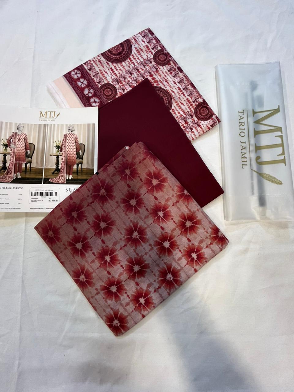 Mtj 3 PIECE PRINTED LAWN SUIT- Red (UNSTITCHED)