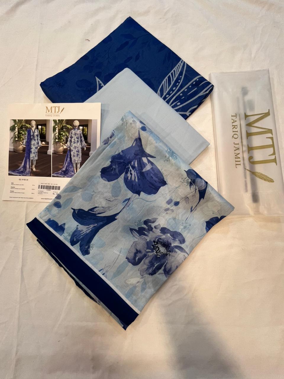 Mtj 3 PIECE PRINTED LAWN SUIT- Sky Blue (UNSTITCHED)