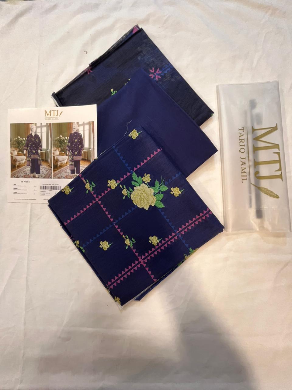 Mtj 3 PIECE PRINTED LAWN SUIT- Navy-Blue (UNSTITCHED)