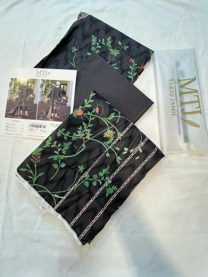 Mtj 3 PIECE PRINTED LAWN SUIT- Charcoal (UNSTITCHED)