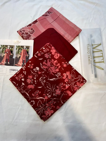 Mtj 3 PIECE PRINTED LAWN SUIT- Red (UNSTITCHED)