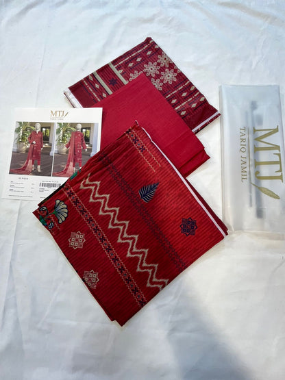 Mtj 3 PIECE PRINTED LAWN SUIT- Maroon (UNSTITCHED)