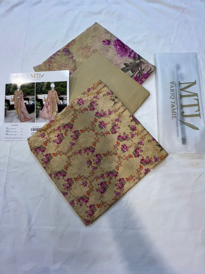 Mtj 3 PIECE PRINTED LAWN SUIT- Dark-Beige (UNSTITCHED)