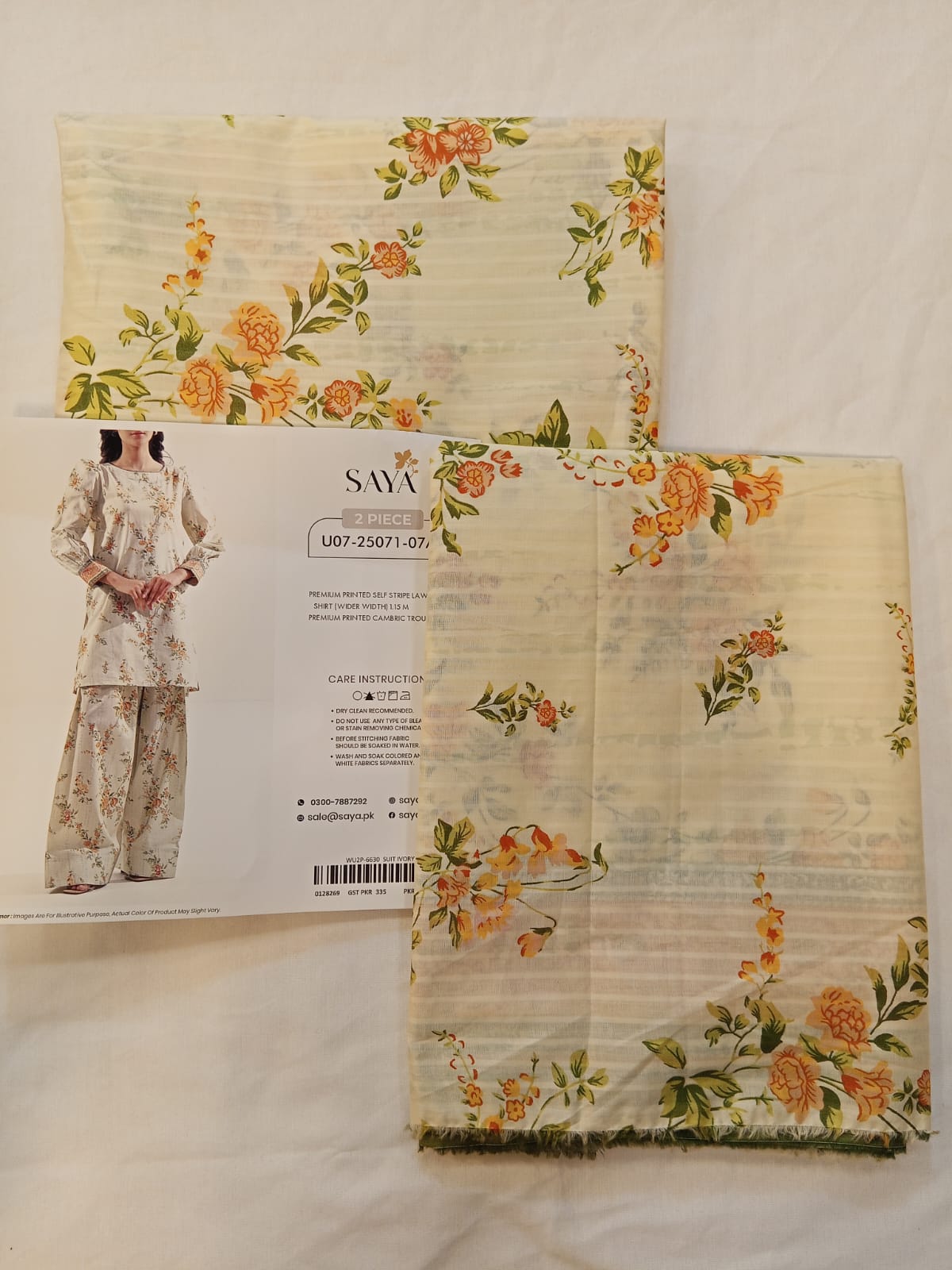 Model wearing Saya 2PC Unstitched Lawn Suit