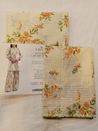 Model wearing Saya 2PC Unstitched Lawn Suit