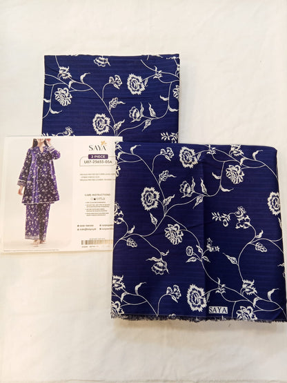 Model wearing Saya 2pc Unstitched Lawn Suit