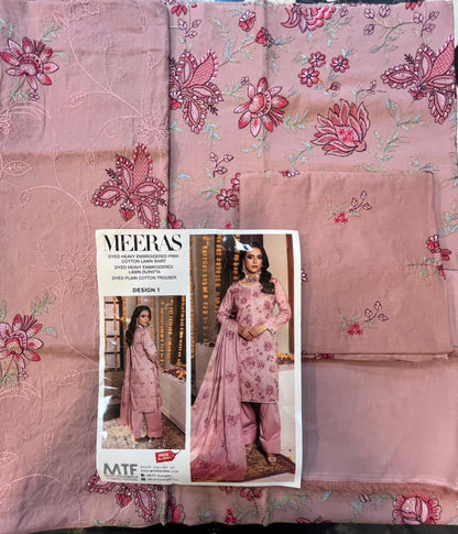 Meeras By MTF Dyed Heavy Embroidered Pima Cotton Lawn - Dusty Rose