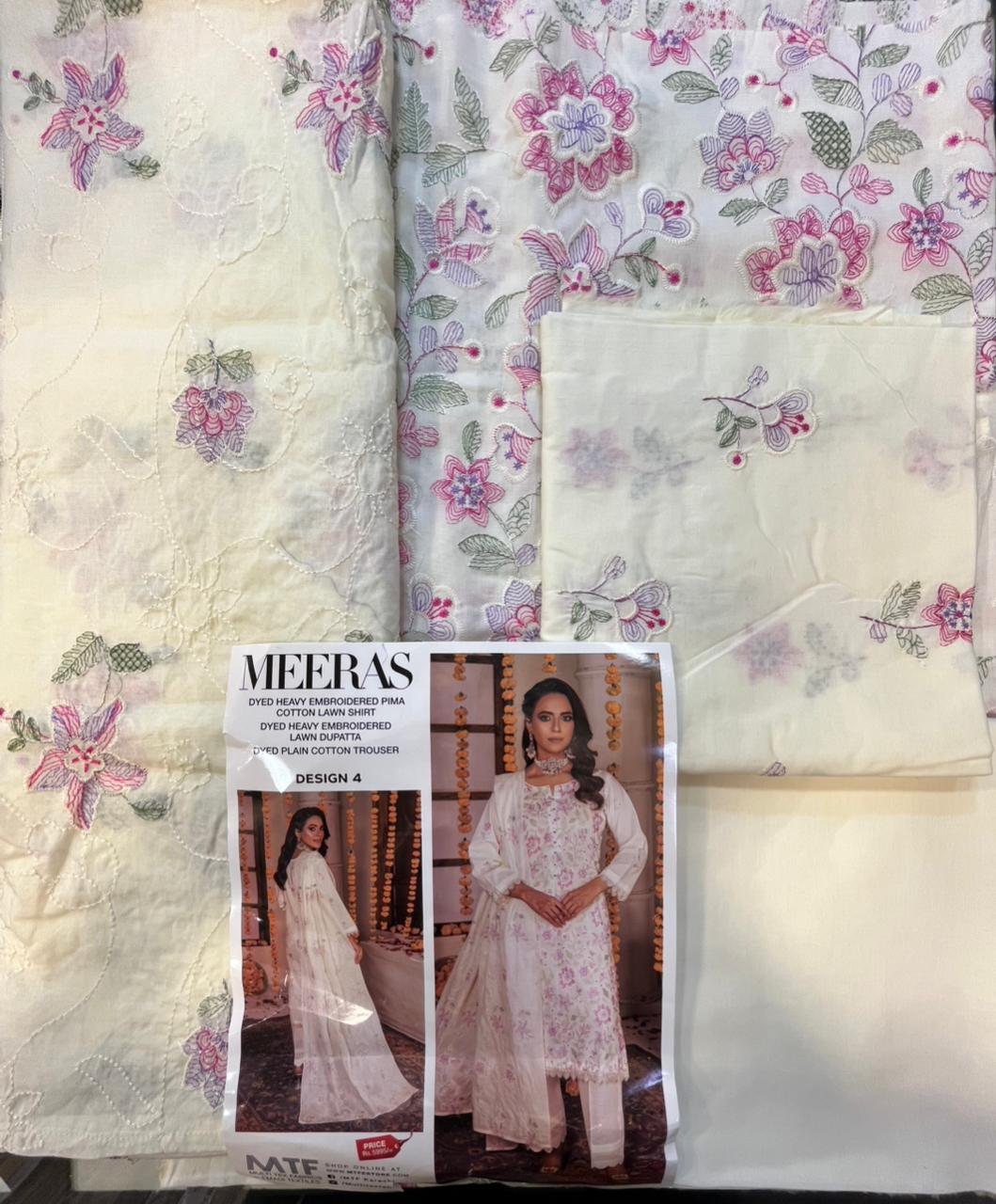 Meeras By MTF Dyed Heavy Embroidered Pima Cotton Lawn - Off White