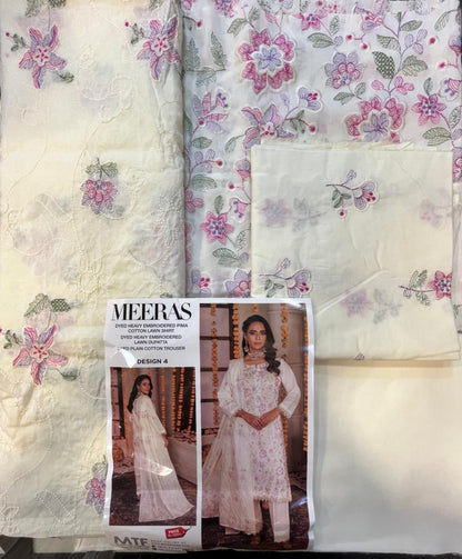 Meeras By MTF Dyed Heavy Embroidered Pima Cotton Lawn - Off White