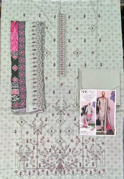 She Style By MTF Digital Printed Embroidered Pima Cotton - Light Green