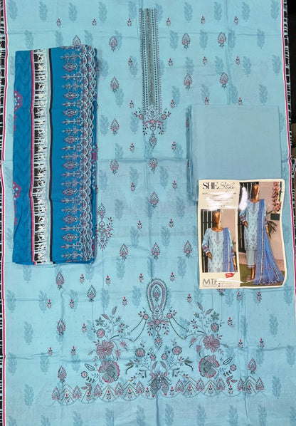 She Style By MTF Digital Printed Embroidered Pima Cotton - Sky Blue