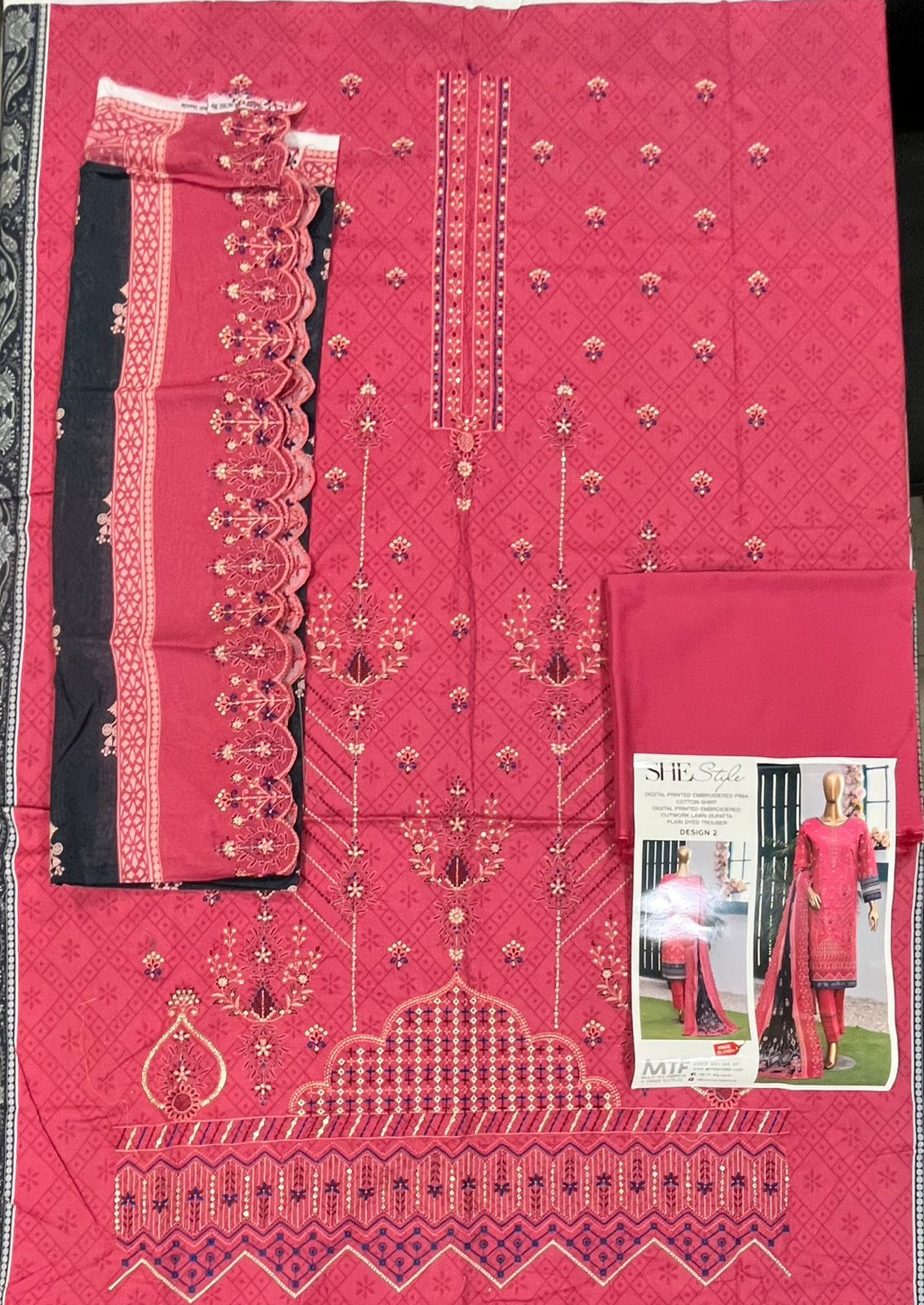 She Style By MTF Digital Printed Embroidered Pima Cotton - Deep Pink