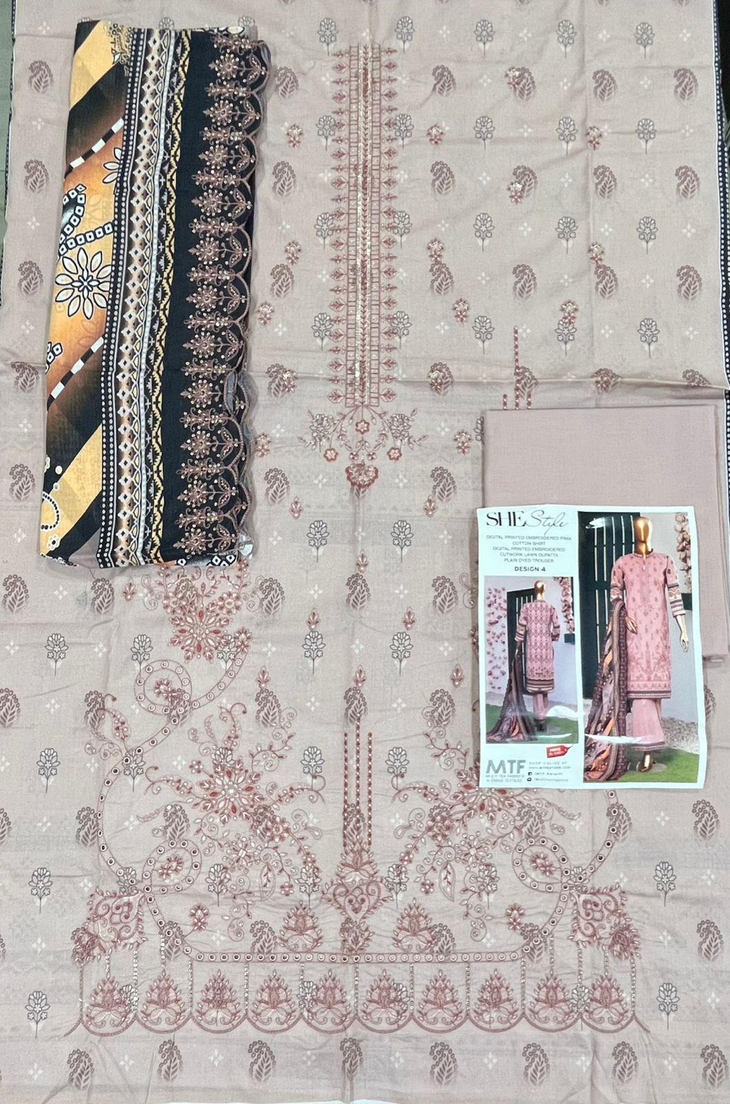 She Style By MTF Digital Printed Embroidered Pima Cotton - Beige