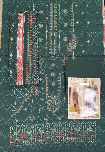 She Style By MTF Digital Printed Embroidered Pima Cotton - Peacock Green