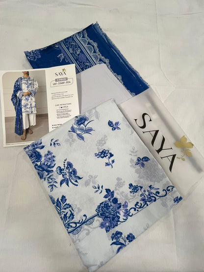 White | Saya 3pc Unstitched Lawn Suit