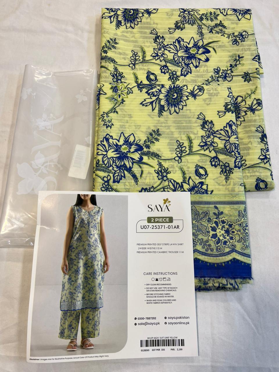 Saya 2pc Unstitched Lawn Suit | Lime Yellow