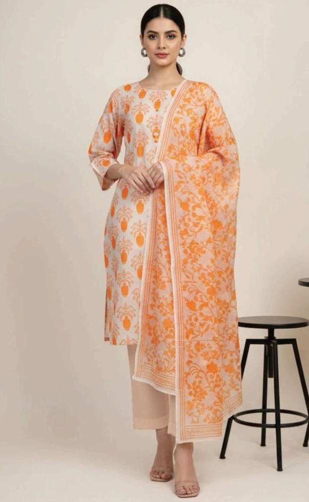 Orange | Al-Karam 3pc Unstitched Lawn Suit