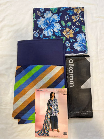 Blue - Alkaram 3pc Unstitched Lawn Suit fabric pieces including shirt, dupatta, and trousers.