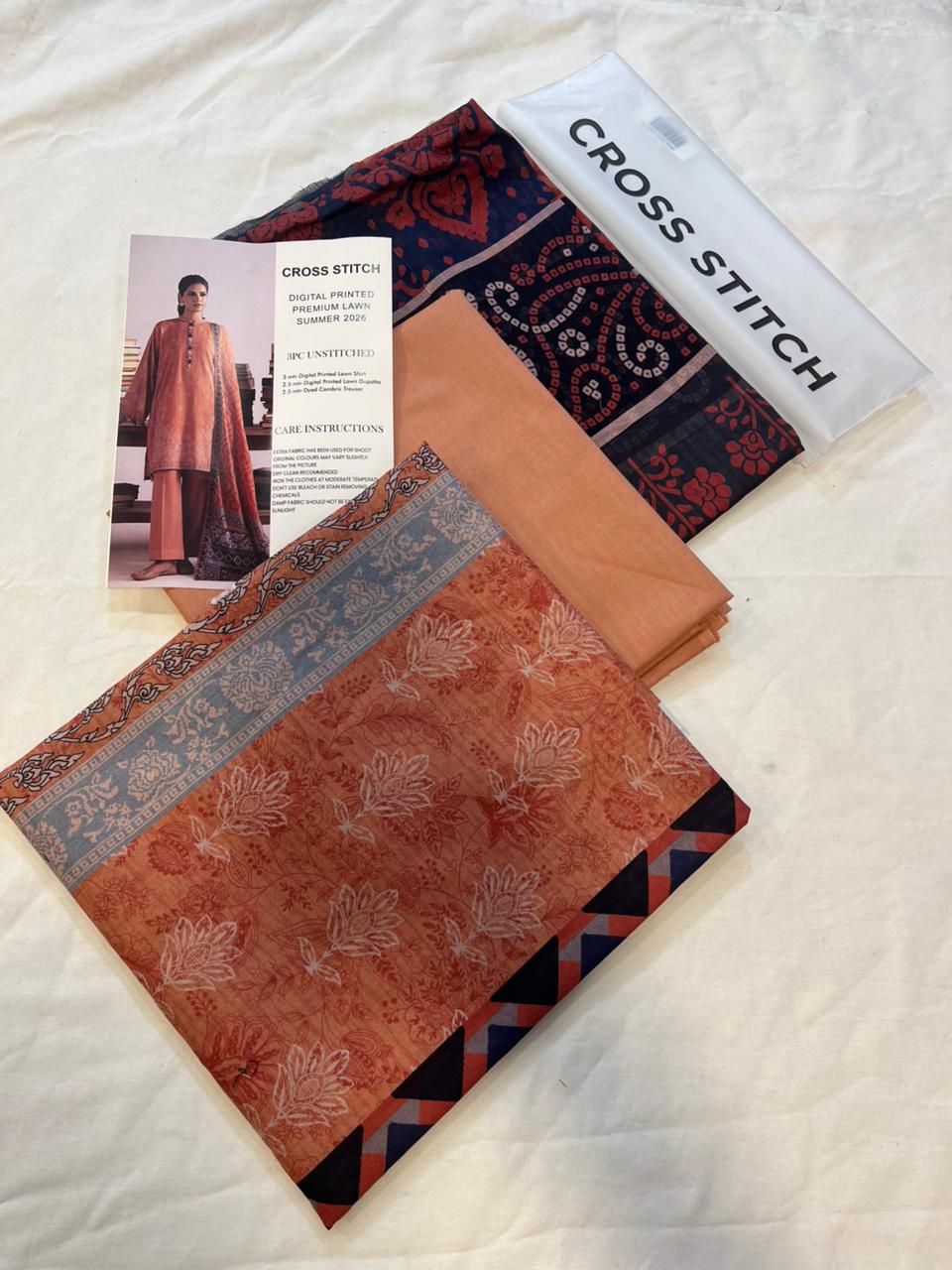 Cross Stitch 3 Piece - Printed Unstitched Lawn