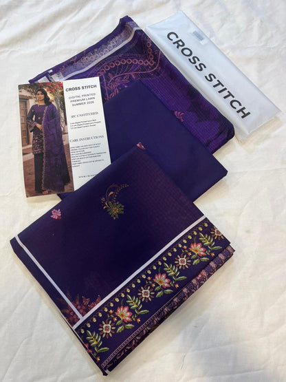 Cross Stitch 3 Piece - Printed Unstitched Lawn in Deep Purple with digital printed shirt, dupatta, and trouser.