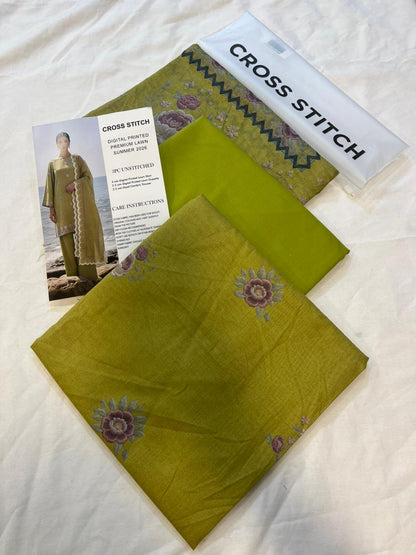 Cross Stitch 3 Piece - Printed Unstitched Lawn in olive green, featuring shirt, dupatta, and trouser.