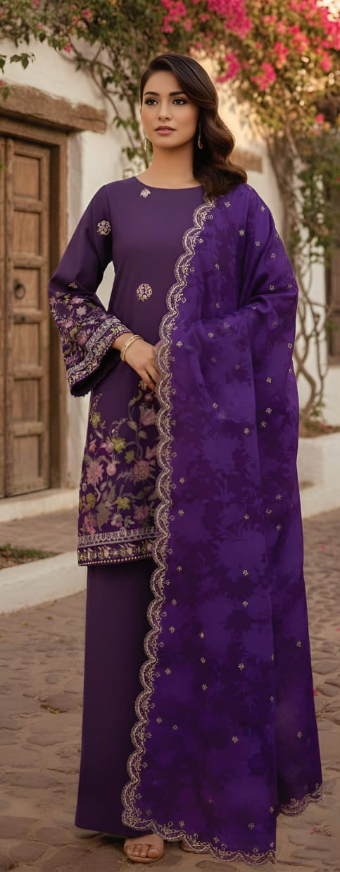 Cross Stitch 3 Piece - Printed Unstitched Lawn in deep purple with embroidered details and matching dupatta.