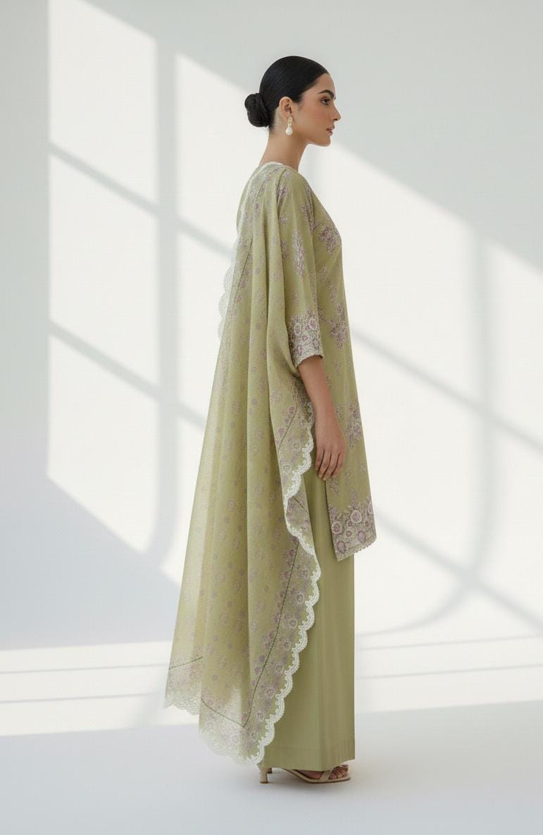 Cross Stitch 3 Piece - Printed Unstitched Lawn in olive green, featuring a digital printed lawn shirt and dupatta.