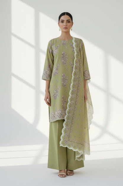 Cross Stitch 3 Piece - Printed Unstitched Lawn in olive green with embroidered shirt and matching dupatta.