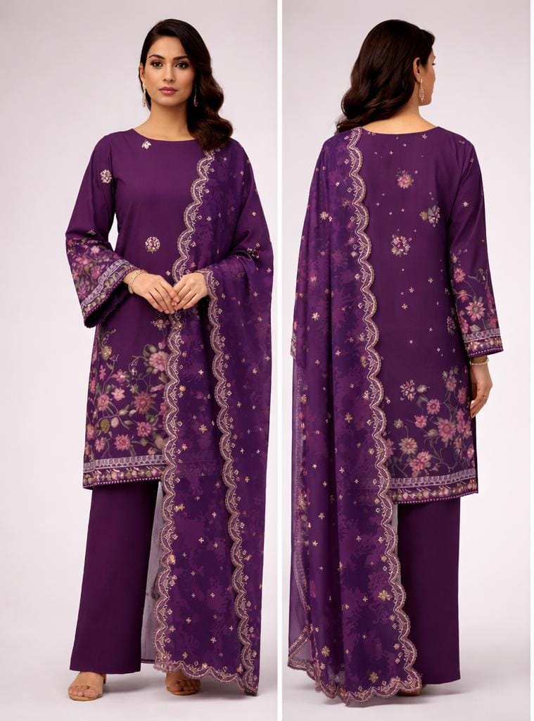 Cross Stitch 3 Piece - Printed Unstitched Lawn in deep purple with floral designs, featuring a shirt, dupatta, and trouser.