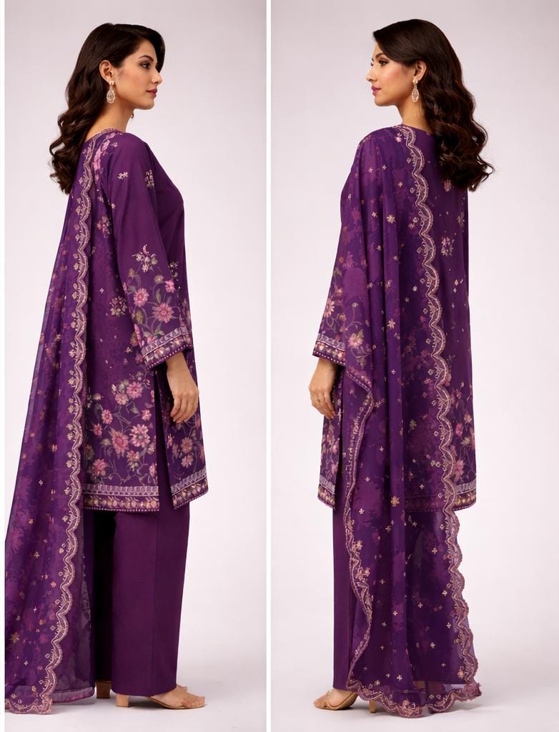 Cross Stitch 3 Piece - Printed Unstitched Lawn in deep purple featuring a digital printed shirt, dupatta, and dyed trouser.