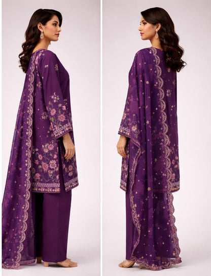 Cross Stitch 3 Piece - Printed Unstitched Lawn in deep purple featuring a digital printed shirt, dupatta, and dyed trouser.