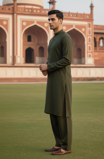 Dark Green Zellbury Mens Wash and Wear unstitched suit worn by a model showcasing a sharp tailored fit for Summer 2026.