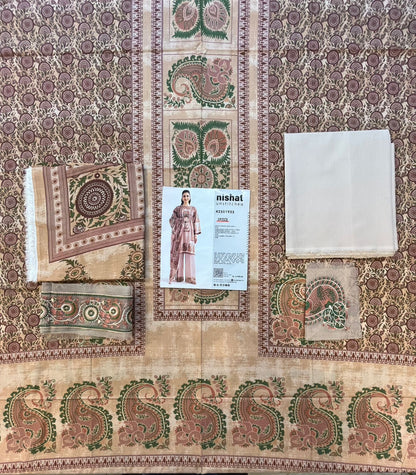 Full layout display of the shirt, dupatta, and trousers of the Nisha By Nishat Embroidered Lawn 3pc.