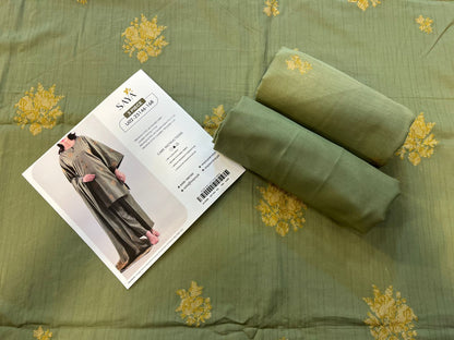 Close-up texture of Sage Green Saya Cotton Jacquard 3pc self-woven fabric.