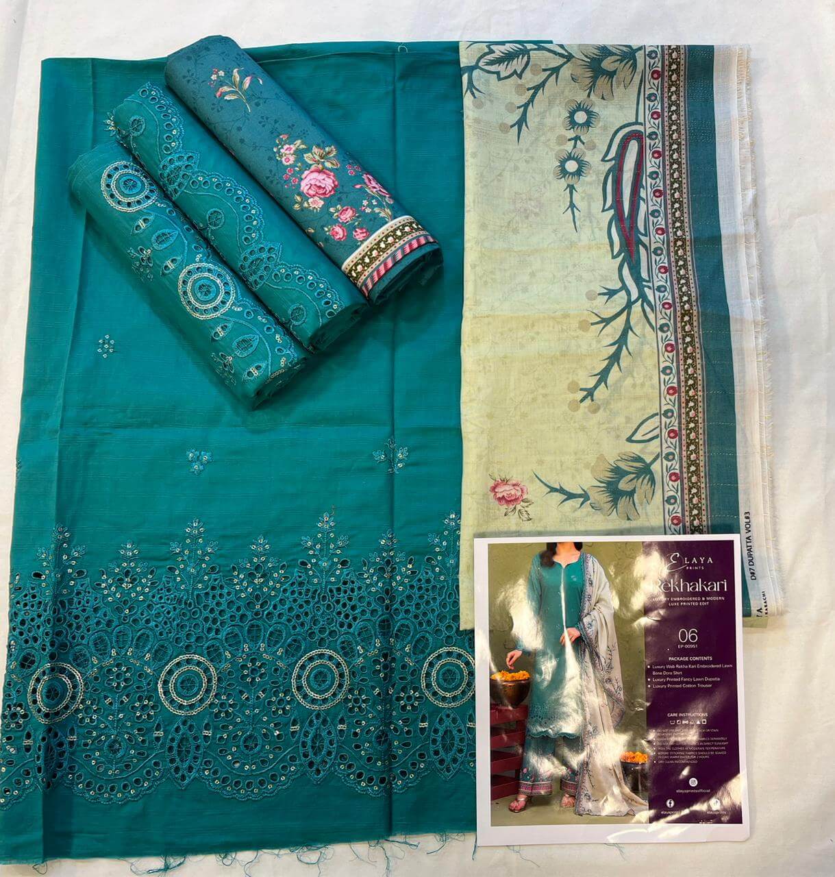 Elaya By Rekhakari 3pc Unstitched Embroidered Lawn - Emerald Green
