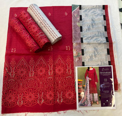 Elaya By Rekhakari 3pc Unstitched Embroidered Lawn - Deep Crimson Red