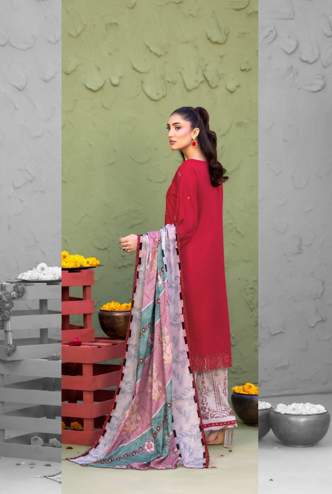 Elaya By Rekhakari 3pc Unstitched Embroidered Lawn - Deep Crimson Red