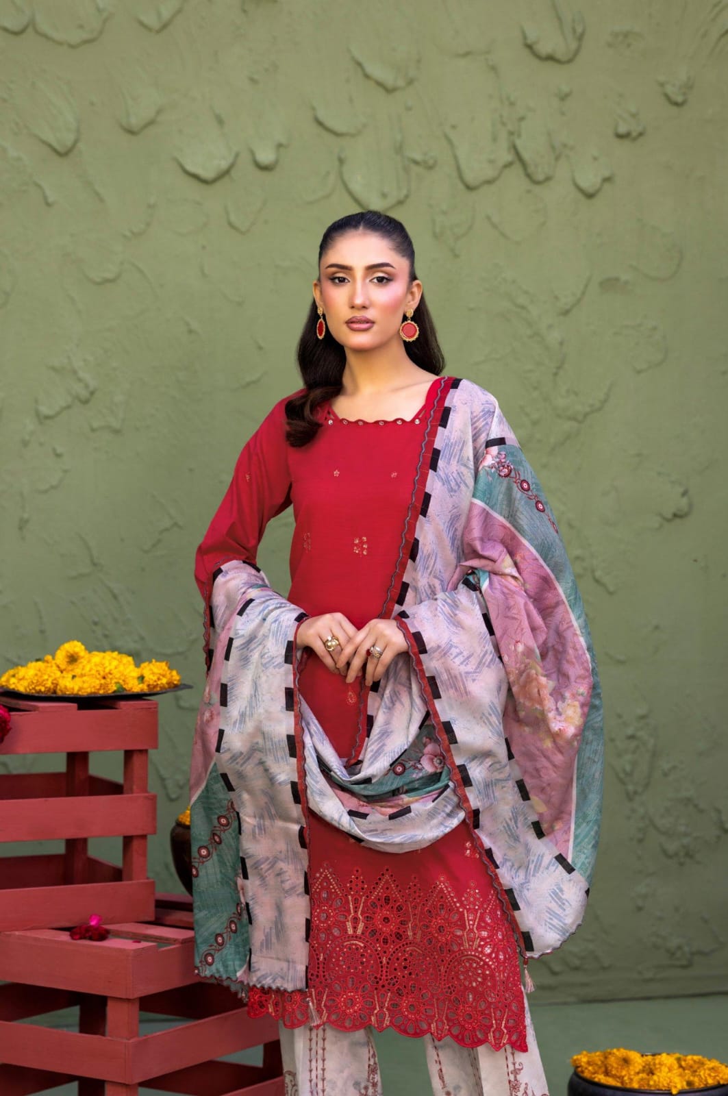 Elaya By Rekhakari 3pc Unstitched Embroidered Lawn - Deep Crimson Red
