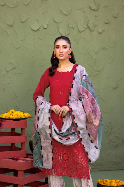 Elaya By Rekhakari 3pc Unstitched Embroidered Lawn - Deep Crimson Red