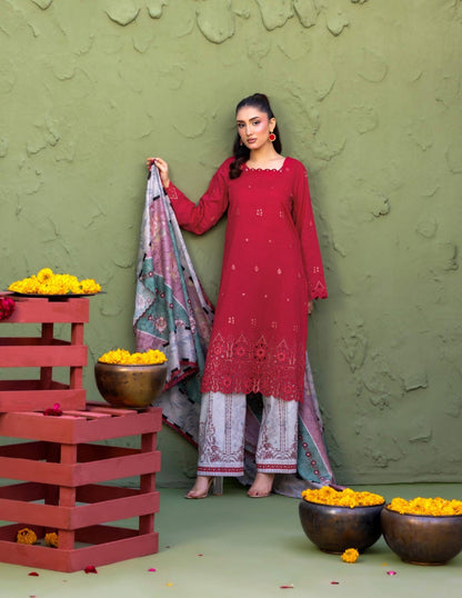 Elaya By Rekhakari 3pc Unstitched Embroidered Lawn - Deep Crimson Red