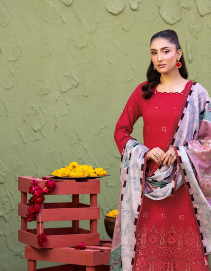 Elaya By Rekhakari 3pc Unstitched Embroidered Lawn - Deep Crimson Red